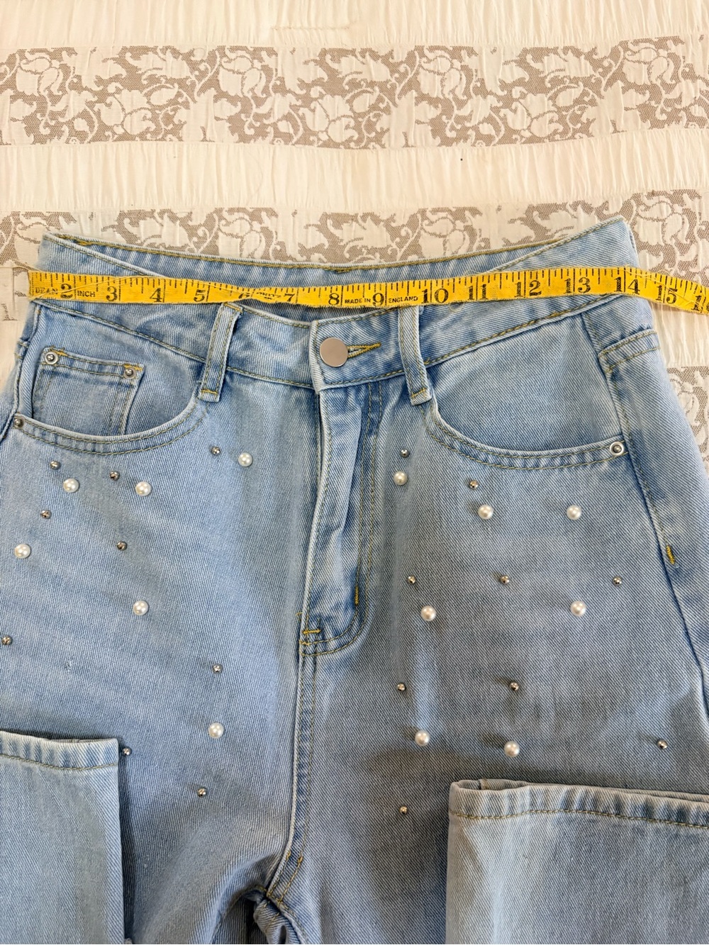 Wide wide leg Jean pants, Pearl-Embellished, long side slit. Size XS. Country go - Picture 8 of 10